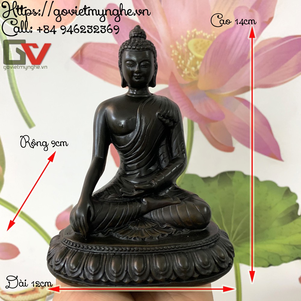 Tượng đá trang trí phòng thờ Đức phật Thích ca ngồi trên tòa sen thiền ấn - Xúc địa ấn | Chiều cao 14cm - Màu nâu đen