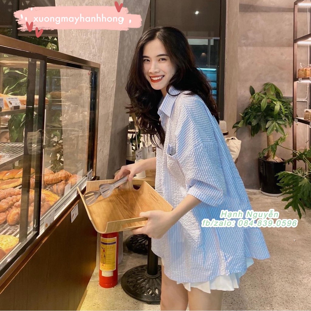 Áo sơ mi kẻ cộc tay đũi nhăn form OVERSIZE siêu rộng - Xưởng May Hạnh Hồng | BigBuy360 - bigbuy360.vn