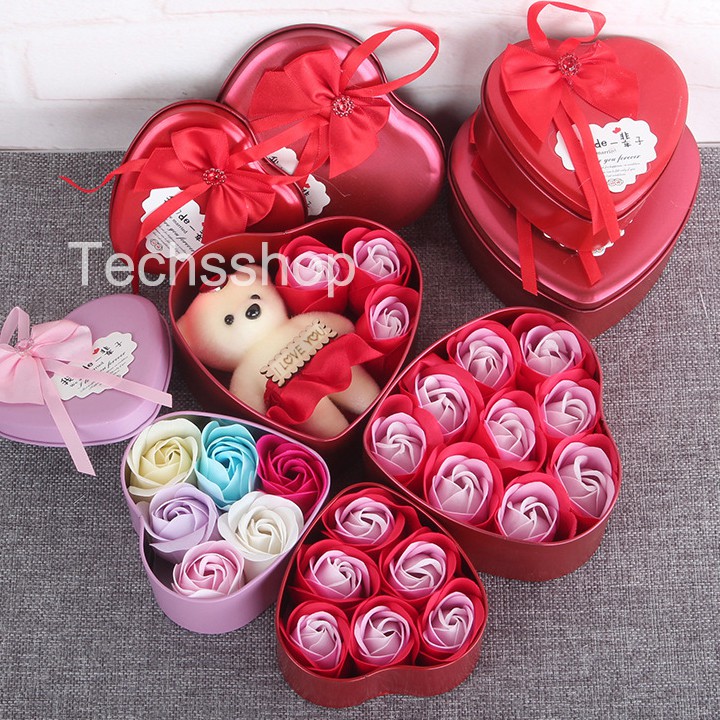 Hộp Quà Trái Tim 3 Bông Hoa Hồng Sáp Và Gấu - Quà Tặng Lễ Tình Nhân Valentine 14/2 - Quà Tặng Sinh Nhật