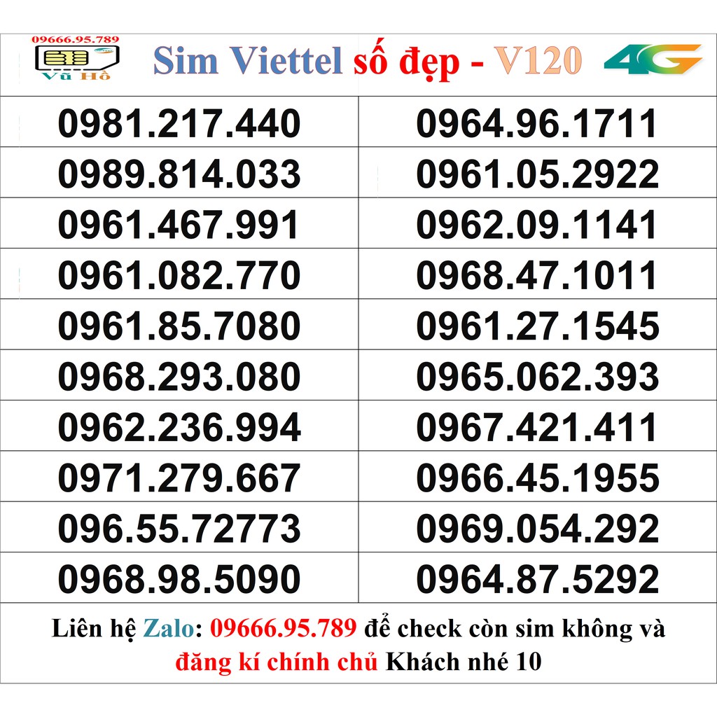 Sim Viettel V120 đầu 09 số đẹp giá rẻ 10