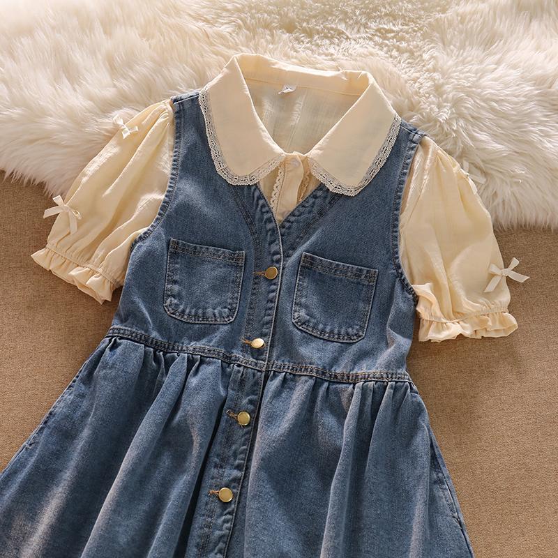 Bộ Áo Sơ Mi Cổ Búp Bê + Chân Váy Yếm Denim Thời Trang Nhật Hàn 2022 Cho Nữ