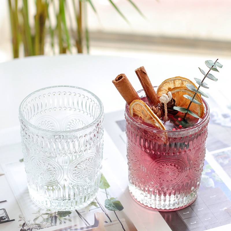 Cốc thủy tinh pha lê trắng chịu nhiệt 280ml-380ml họa tiết trống đồng tinh tế sang trọng