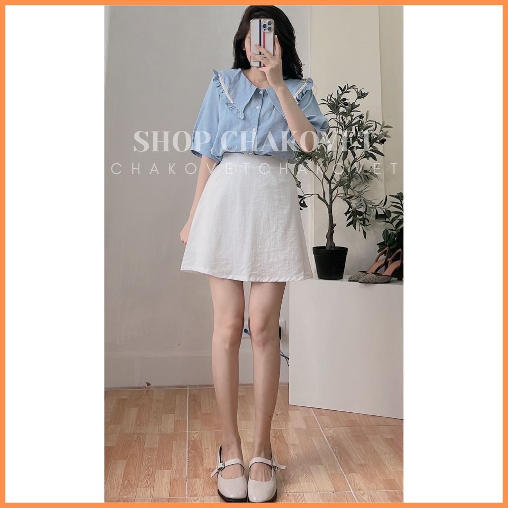 Áo sơ mi nữ tiểu thư A8244 áo kiểu bèo vai thêu viền họa tiết phong cách vintage cực xinh Freesize - CHAKOVET