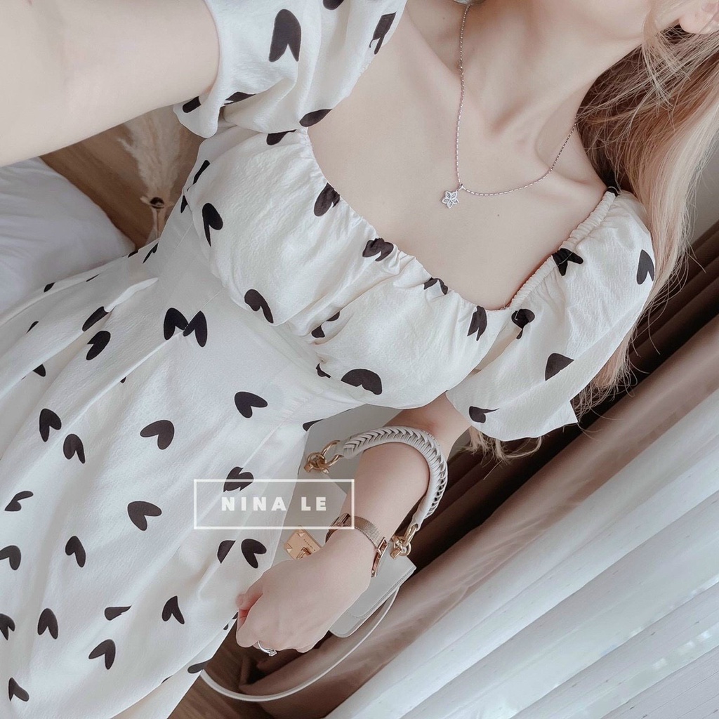 Đầm xòe hoạ tiết nơ ngực có mút xinh xắn