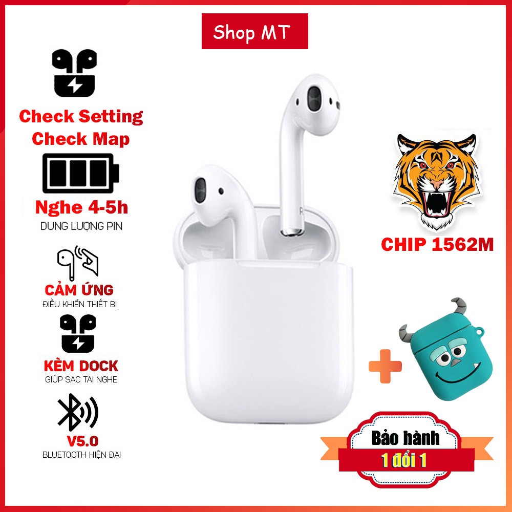 Tai nghe Hổ Vằn airpods 2 hổ vằn xịn chip louda 1562m - Check setting - Pin 5h - Bảo hành đổi mới [TẶNG CASE]