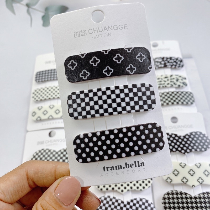 set 3 kẹp tóc kiểu caro đe trắng nhiều hình