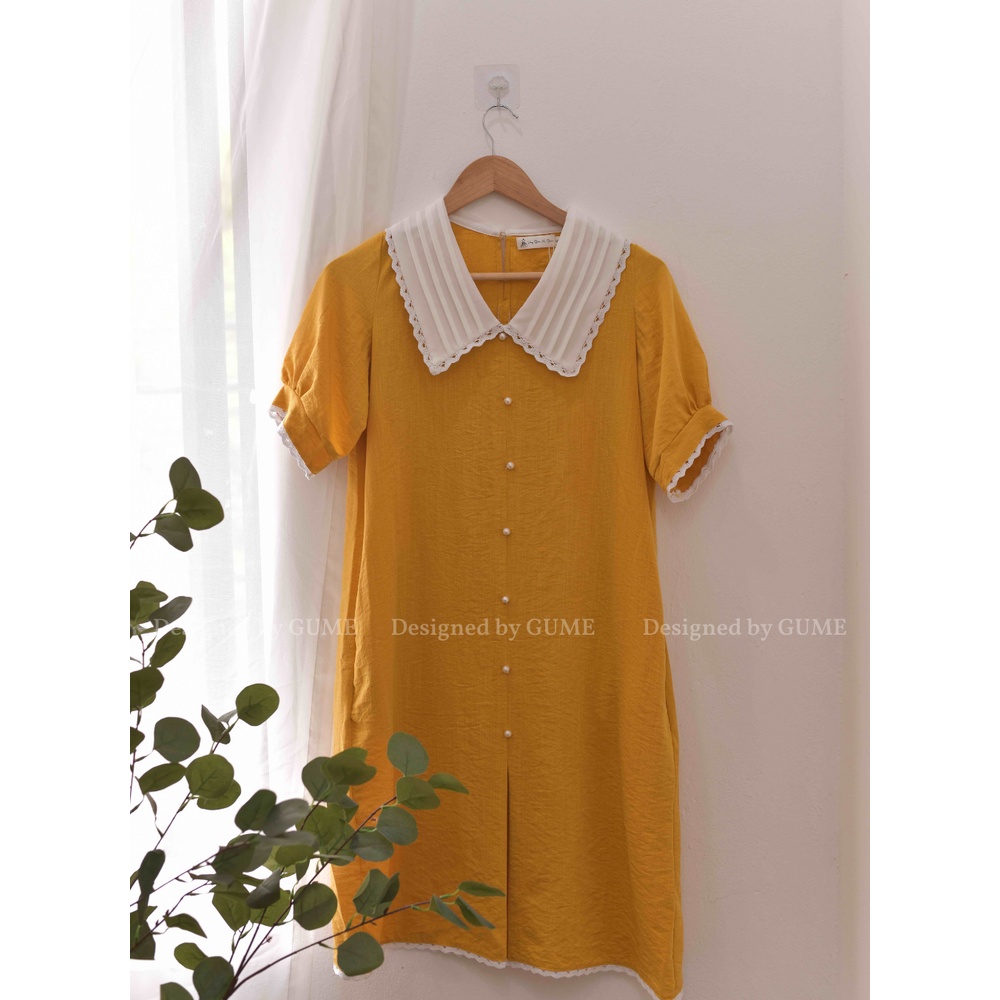 Váy bầu bigsize - Đầm bầu thiết kế GuMe màu Vàng Đũi Cúc Ngọc dáng A bo tay siêu xinh size từ 40-100kg  MB206 ảnh thật