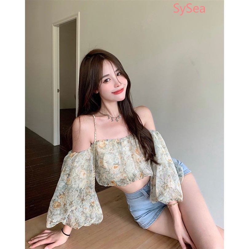 Áo Croptop Chiffon Họa Tiết Hoa Phong Cách Vintage Pháp