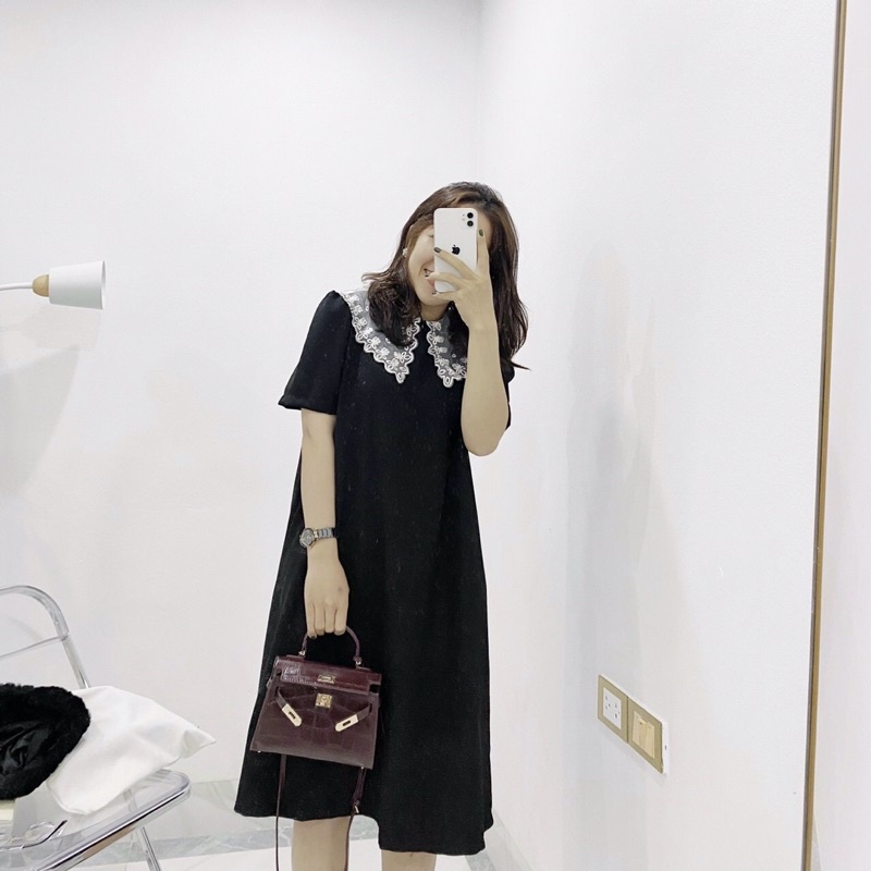 Váy Thô Đen Cổ Bả To Bầu Bí Bon Chen, Dáng Váy Suông Rộng Dễ Mặc Phù Hợp Với Tất Cả Dáng Người