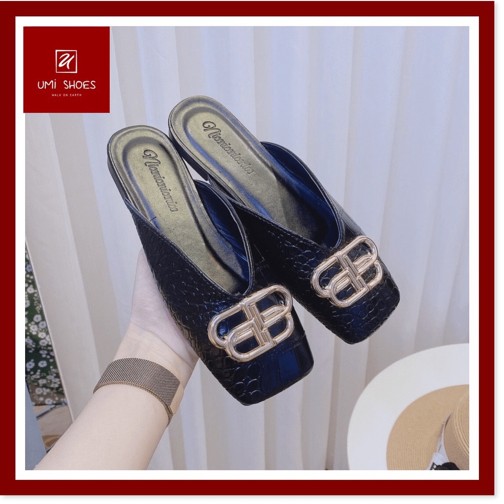 💖 Giày sục nữ mũi vuông da rắn chữ B đơn giản chảnh 2 màu đen/trắng tôn chân êm đế bệt dễ đi xinh đẹp giá rẻ