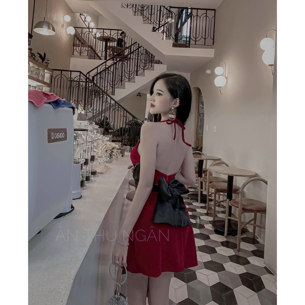 Đầm nhung 2 dây cổ yếm form chữ A dáng siêu xinh khách yêu nhé LL1