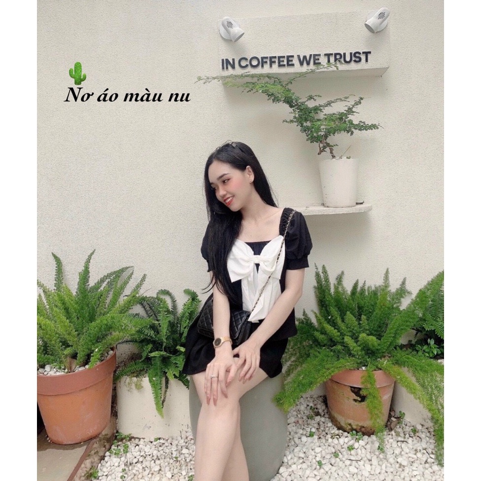 Áo kiểu nữ tay phồng cổ vuông đính nơ siêu to khác màu PC kiểu bánh bèo siêu xinh xắn