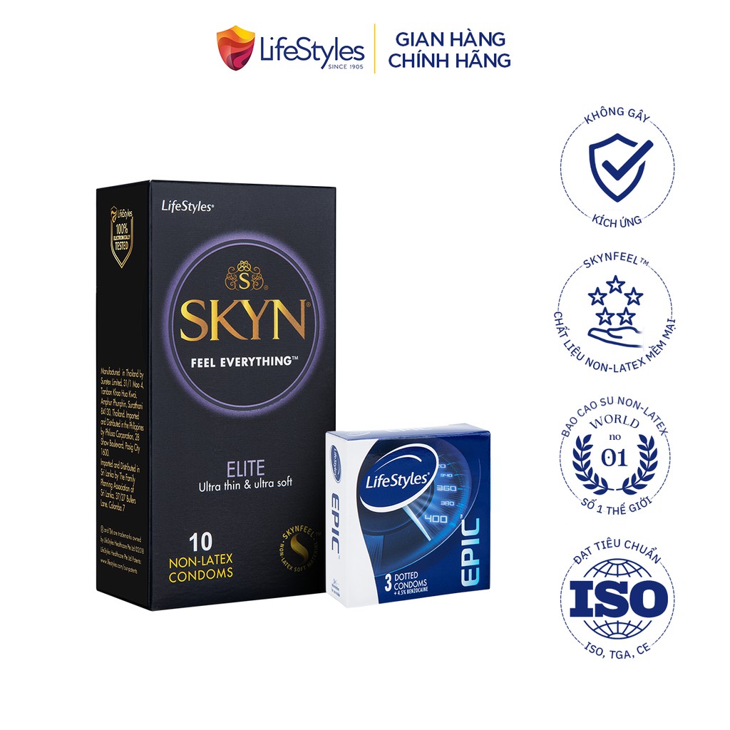 Combo 1 hộp bao cao su Skyn Elite Non-latex siêu mỏng 10 bao + 1 hộp bao cao su LifeStyles Epic có gai 3 bao