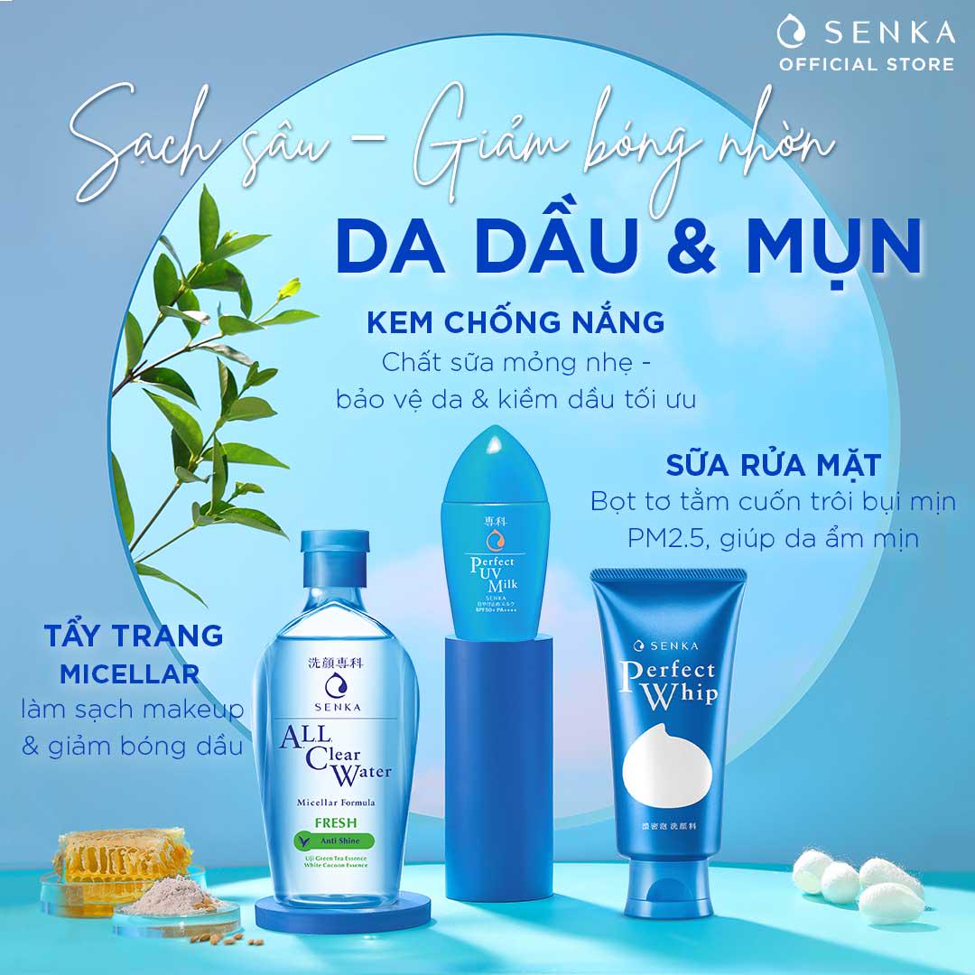 Combo Senka Làm Sạch Chống Nắng Kiềm Dầu Hoàn Hảo (Water Fresh 230ml + Perfect Whip 120g + UV Milk 40ml)