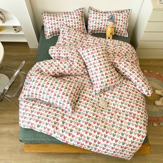 Bộ drap & chăn phao cotton poly tim nhí