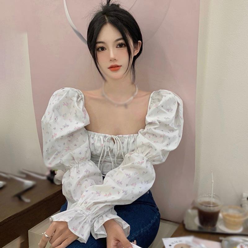 Áo croptop tay dài phồng cổ vuông in hoa phối bèo phong cách retro Hàn Quốc xinh xắn cho nữ