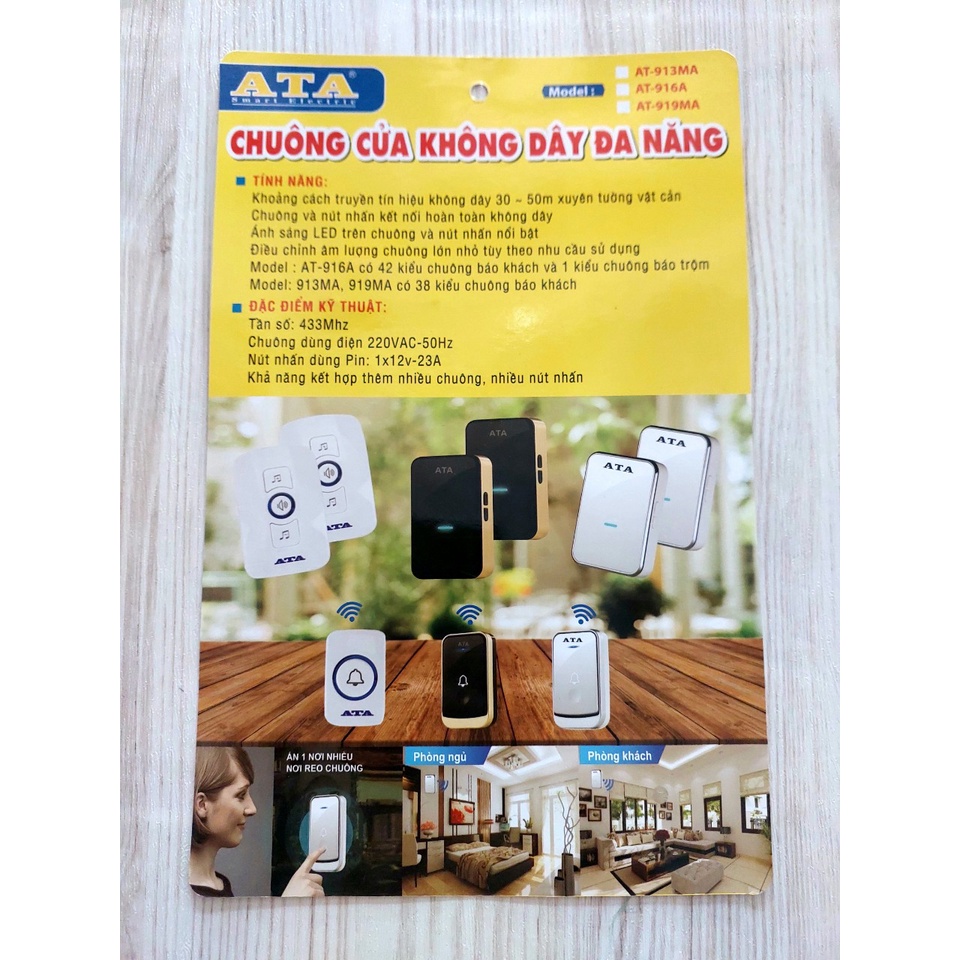 CHUÔNG CỬA ĐÔI KHÔNG DÂY CAO CẤP ATA AT913A