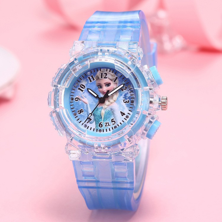 Đồng hồ trẻ em Elsa, Hello Kitty đeo tay có đèn LED phát sáng cho bé gái từ 1-10 tuổi dễ thương