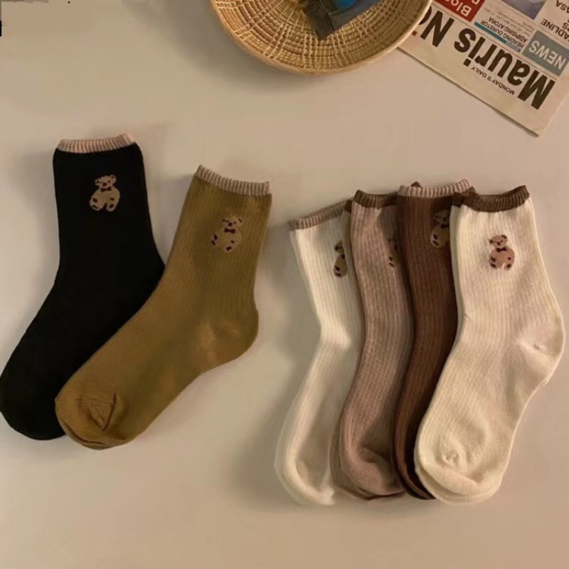 Tất Màu Trơn Họa Tiết Gấu Dễ Thương Phong Cách Nhật Bản Thời Trang Xuân Thu Cho Nữ