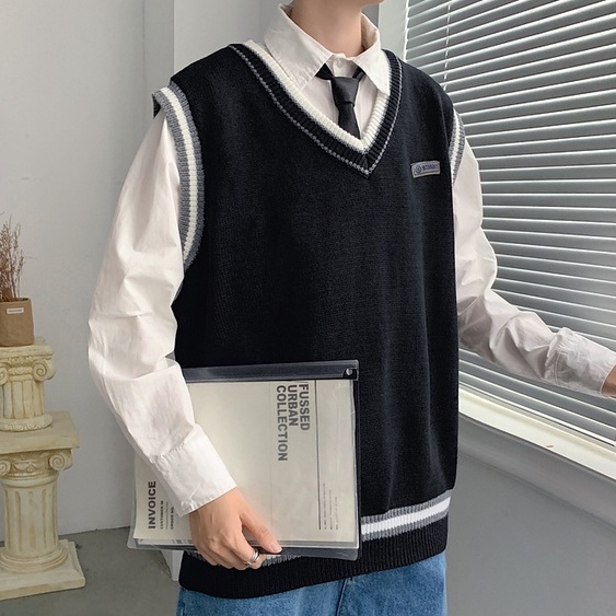 Áo gile nam len cổ V form rộng thời trang ulzzang học sinh hàn quốc áo gile len mặc ngoài oversize unisex đi học đi chơi