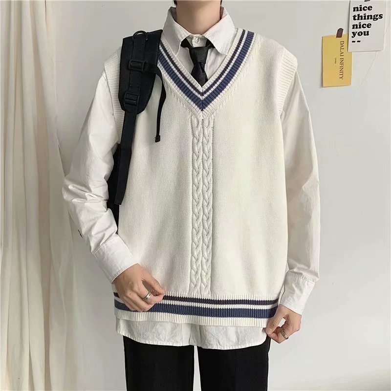 Áo len dệt kim không tay cổ chữ V phong cách Hàn Quốc thời trang thu đông dành cho nam