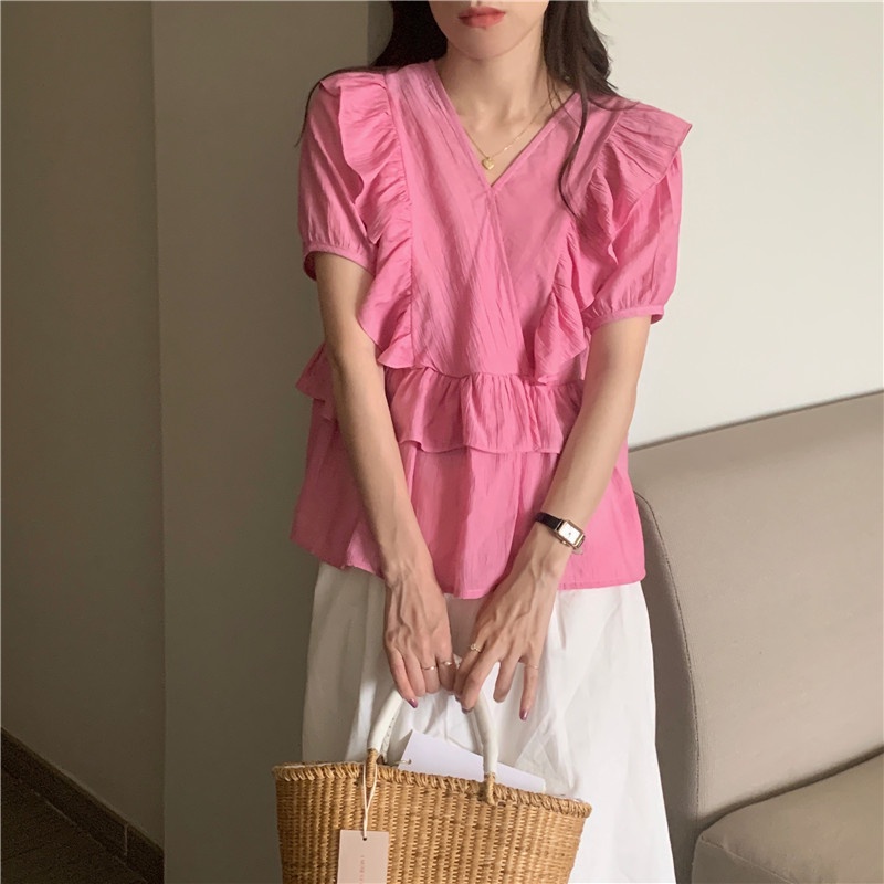 Áo Sơ Mi Nữ Cổ Chữ V Tay Ngắn Xếp Li 51490