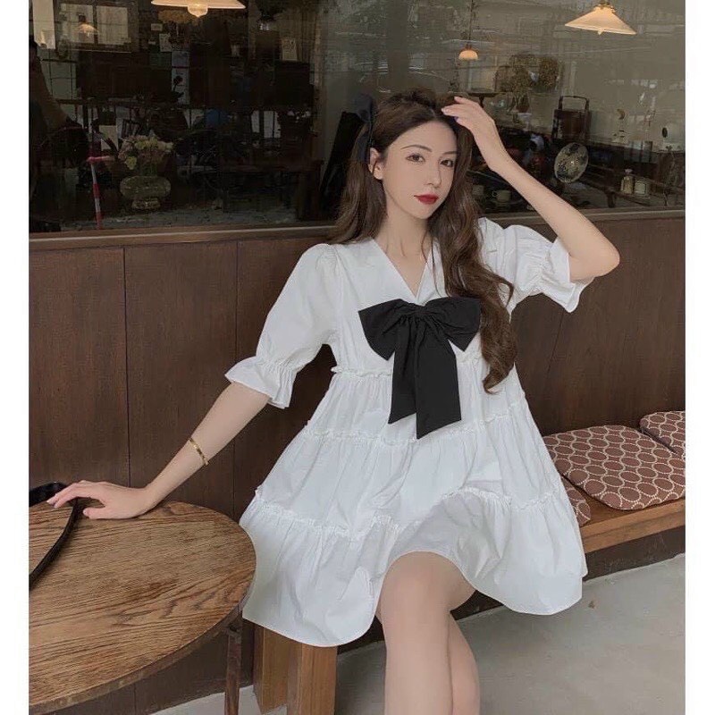 Váy đầm nữ dáng xòe babydoll kết nơ
