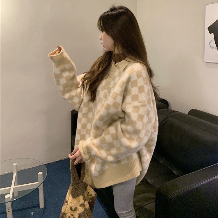 Áo sweater dệt kim dáng rộng họa tiết kẻ sọc phong cách Hàn Quốc mới cho nữ