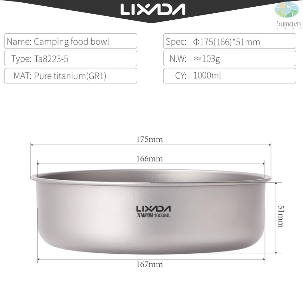 Lixada Titanium Bowls 360ml/480ml/620ml/710ml/1000ml Fruit Vegetable Dinner Bowl Plate Food Container for Home Outdoor Camping Hiking Picnic