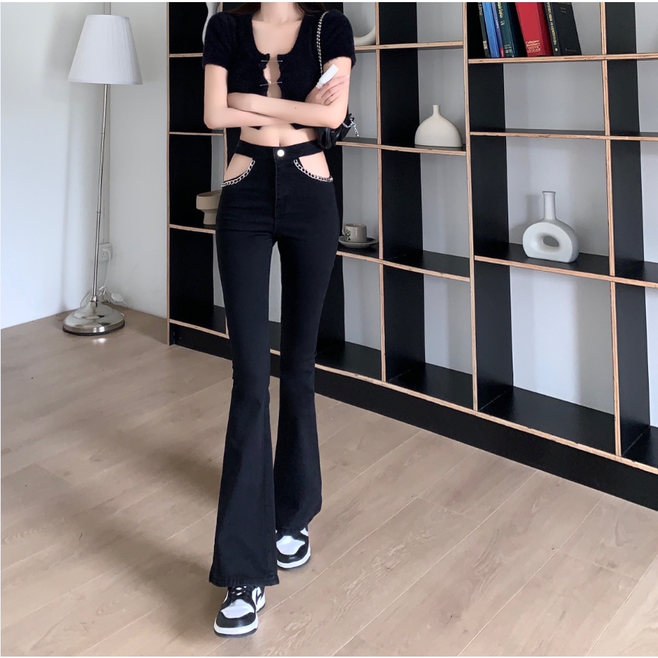 Quần jeans Lưng Cao Ống Loe Phối Dây Xích Phong Cách Hàn Quốc Thời Trang Cho Nữ