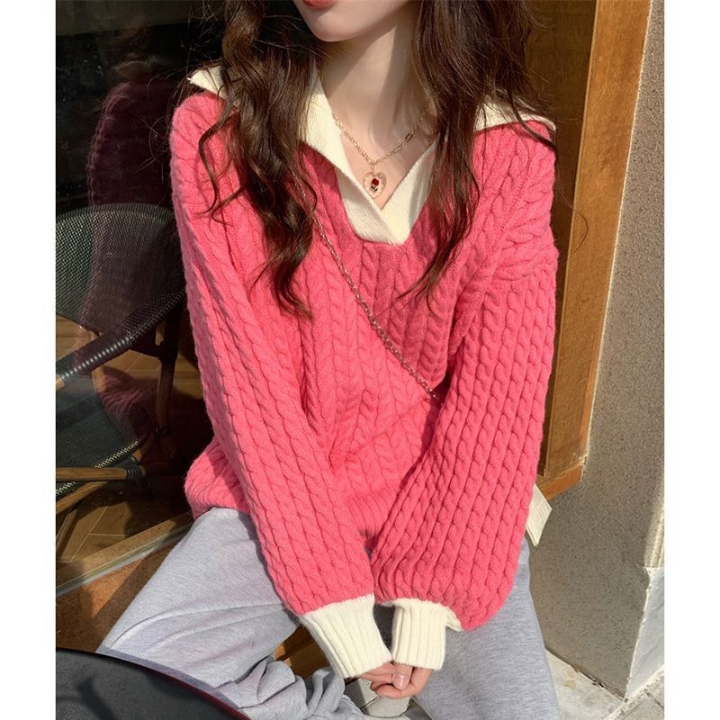Áo Sweater Mềm Mại Dáng Rộng Dài Tay Phối Màu Tương Phản Kiểu Retro Thời Trang Thu Đông 2022 Cho Nữ