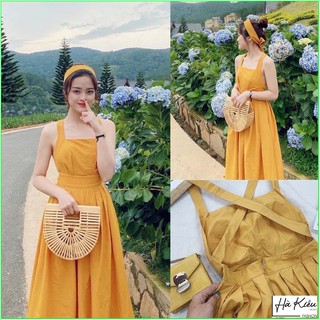 Đầm maxi vàng hở lưng đi biển tặng kèm băng đô( Hình chụp thật)