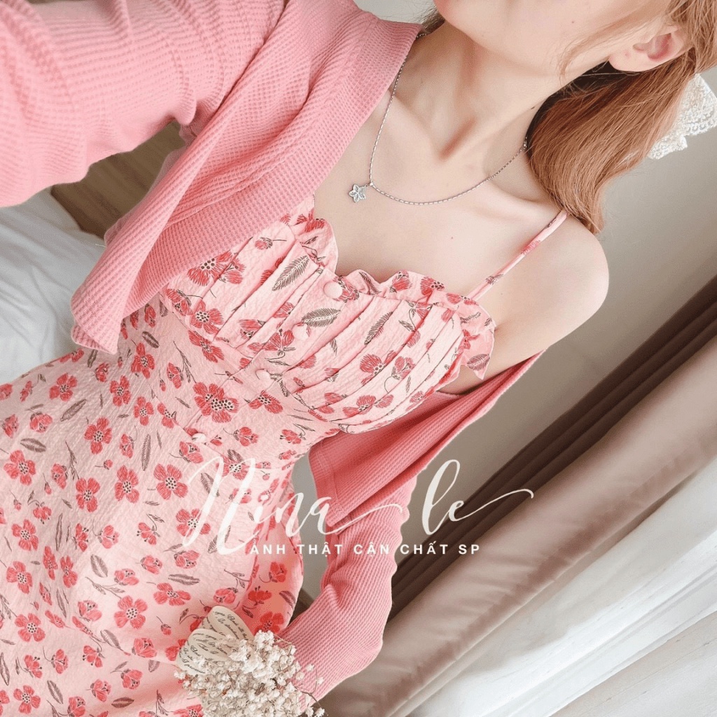 (FREE SHIP) SÉT ĐẦM LỤA HOA PHỐI ÁO KHOÁC GÂN DÁNG LỬNG CỰC XINH TÔN DÁNG TIỂU THƯ HHP