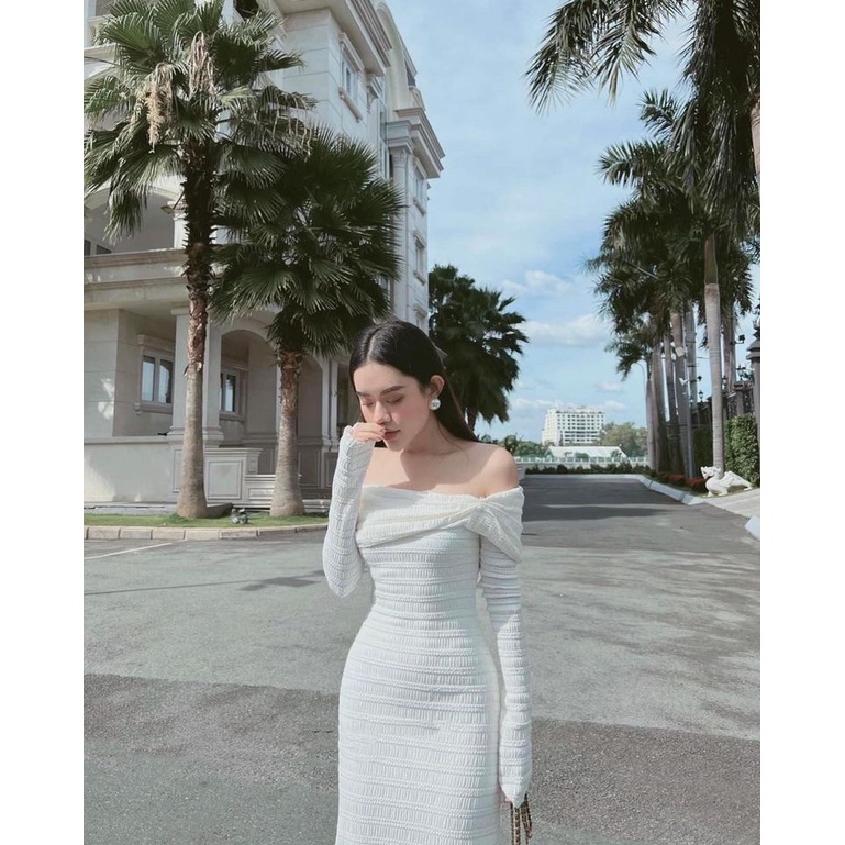 Đầm váy dáng dài trễ vai tay dài đi tiệc trắng kem và đen