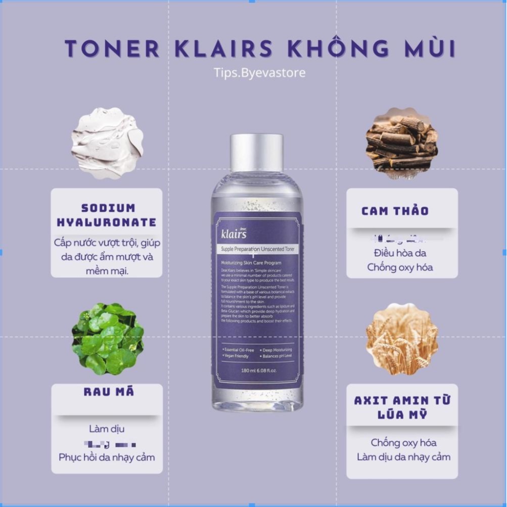 Nước Hoa Hồng Không Mùi Dưỡng Ẩm, Làm Dịu Da Klairs Supple Preparation Unscented Toner 180ml