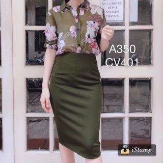 Chân váy bút chì màu rêu xẻ sau