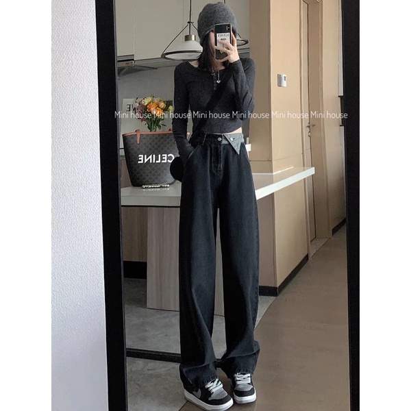 Quần jean màu xám ống rộng  thiết kế eo hình tam giác