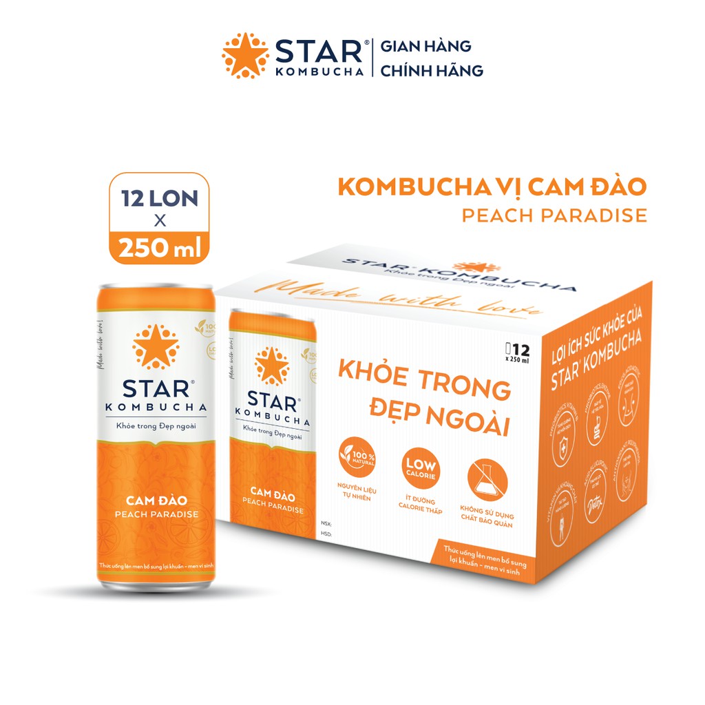 Thùng 12 lon thức uống lên men STAR KOMBUCHA Cam Đào / Peach Paradise (250ml/lon)