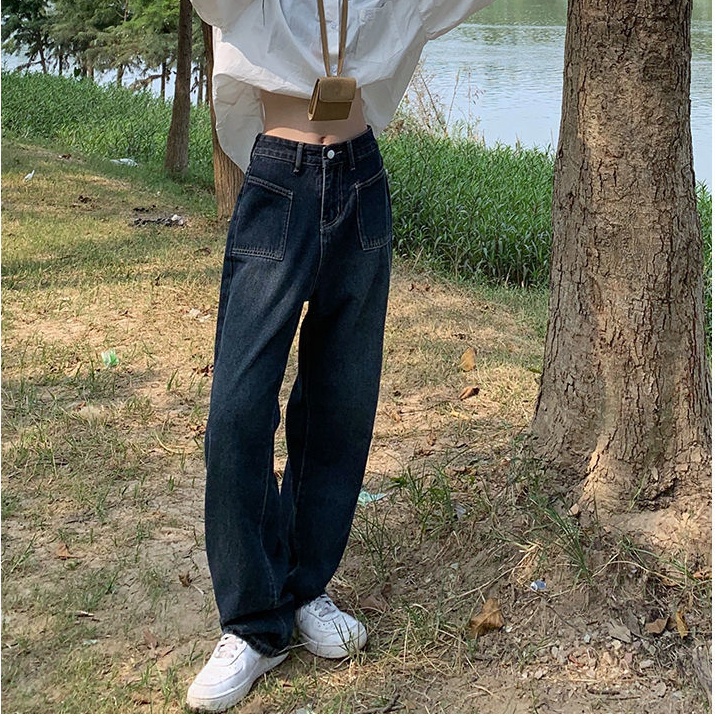 Quần Jean Dài Lưng Cao Ống Rộng Thiết Kế Mới Thời Trang Mùa Thu Dành Cho Nữ