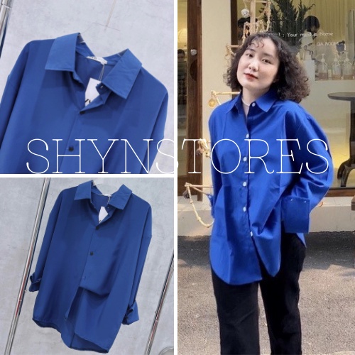 Áo sơ mi đũi dài tay Shynstores form rộng vintage màu xanh lam siêu hot
