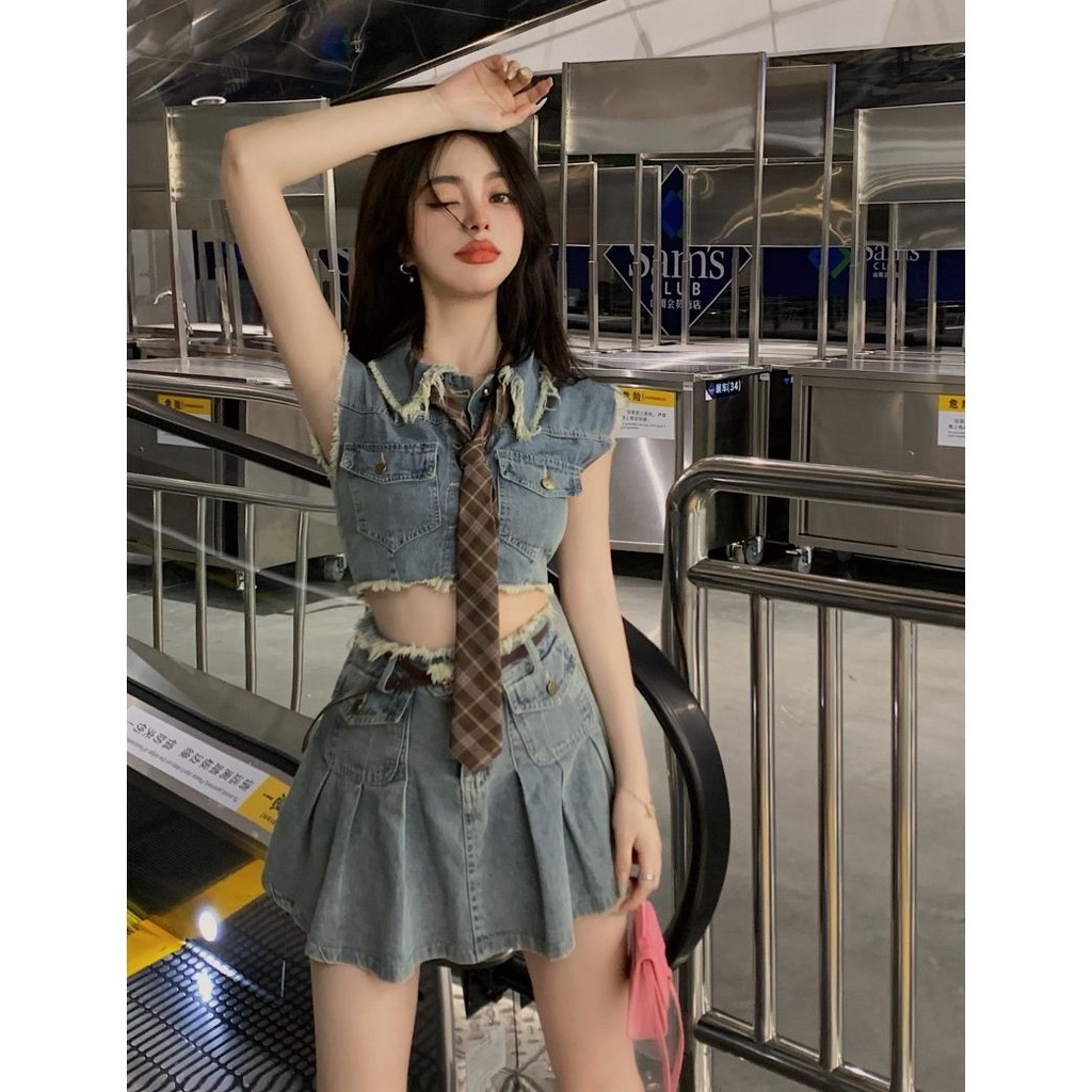 JSC Set Áo Váy Denim Chữ a Lưng Cao Phong Cách Hong Kong Thời Trang Mùa Hè Hàng Mới Dành Cho Bạn Nữ