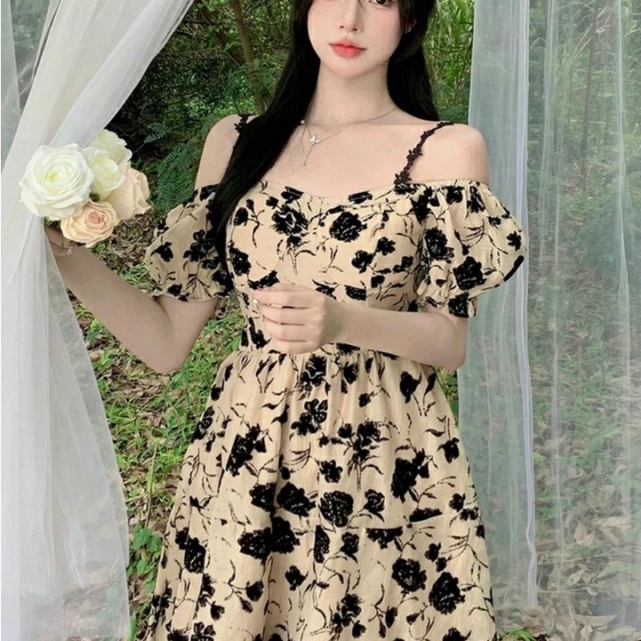Đầm maxi xòe lụa in họa tiết mặc được hai kiểu như ảnh kiểu đầm dự tiệc phong cách tiểu thư thời trang nữ ARAVA