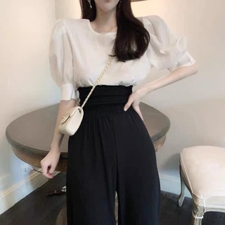 Sét áo sơ mi ngắn tay quần eo cạp cao vintage nữ sinh thanh lịch mùa hè