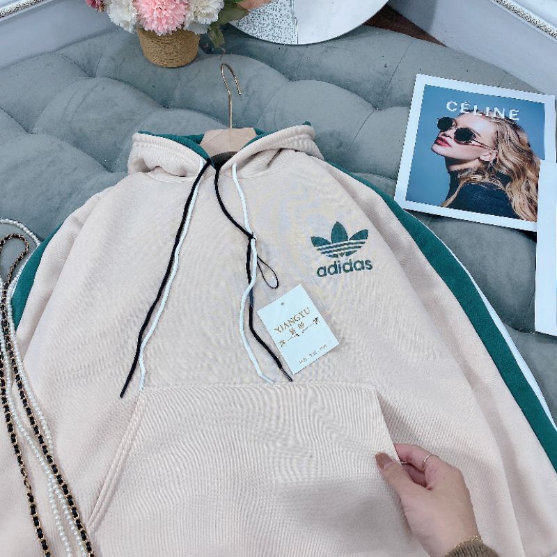 Áo hoodie nữ, form rộng mũ 2 lớp nỉ bông dày ấm áp.Áo hoodie nữ phối sọc tay xinh.