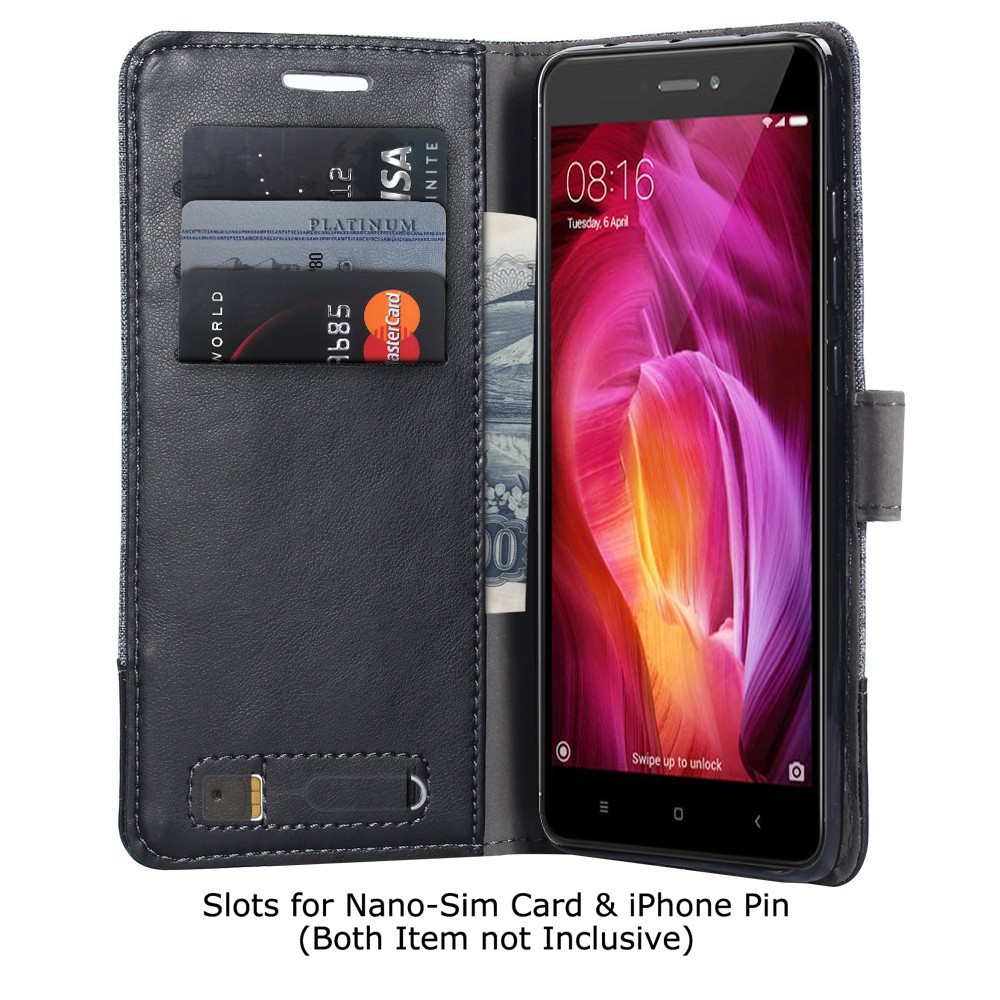 Bao da điện thoại bề mặt denim kiểu ví có giá đỡ cho Redmi Note 4/4X