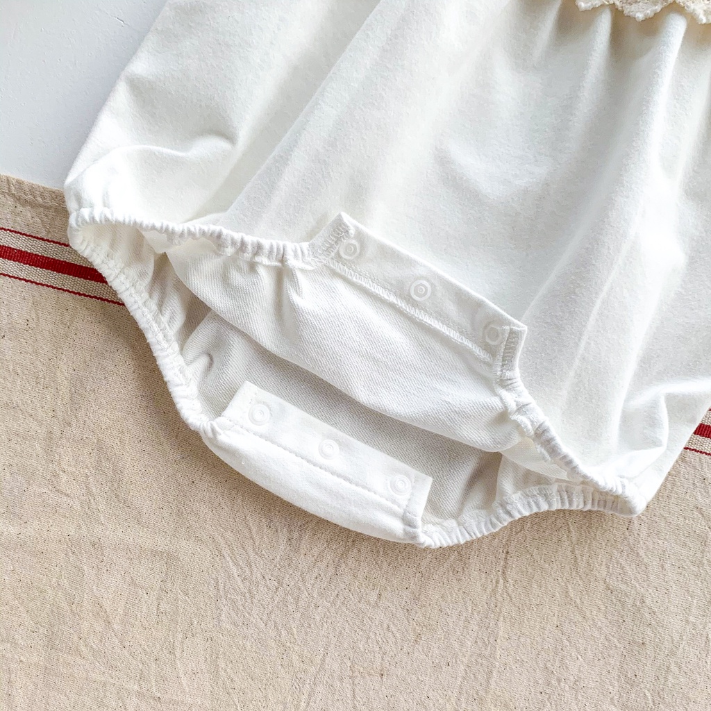 Bộ áo liền quần tay dài phối ren + mũ viền ren chất liệu cotton dễ thương cho bé gái sơ sinh 0-2 tuổi
