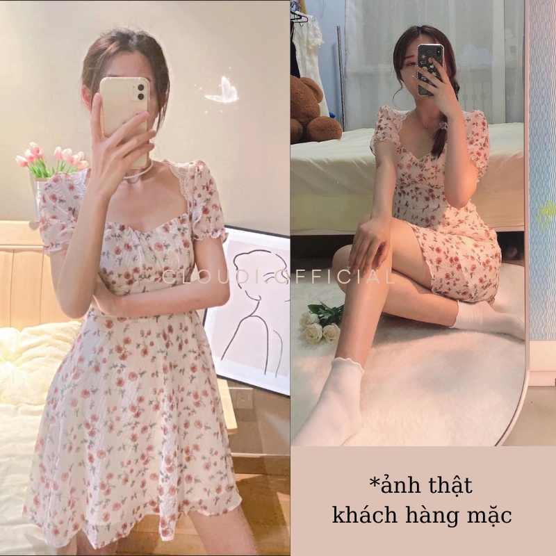 [ảnh thật - Mã Giảm Giá 15K] Đầm Nữ Dự Tiệc, Váy Hoa Nhí Cổ Vuông Tay Bồng Hở Lưng Viền Ren Dáng Ngắn Mẫu Mới 2021 | BigBuy360 - bigbuy360.vn