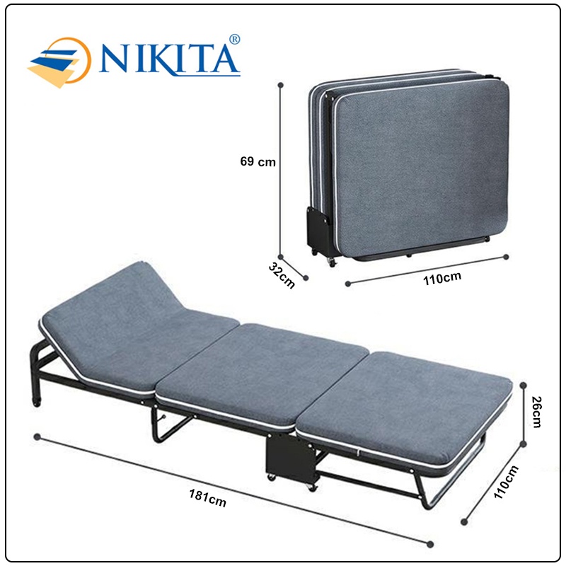 [Mã BMLT300 giảm 10% đơn 499K] Giường gấp ba khúc NIKITA GB3110 rộng 110cm màu XÁM xanh