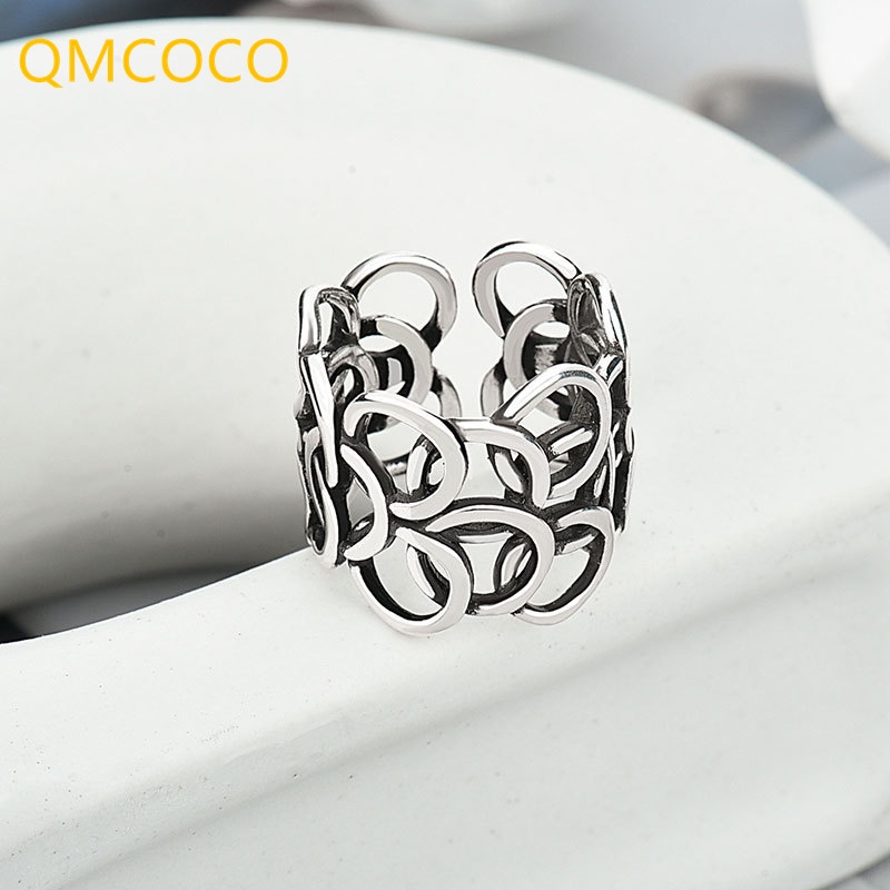 Nhẫn Bạc QMCOCO Thiết Kế Hình Học Nhiều Lớp Phong Cách Punk Cổ Điển Cho Nữ