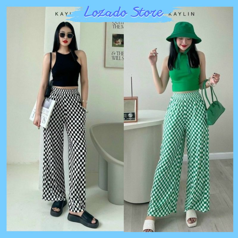 Quần ống suông nữ LOZADO quần dài nữ kẻ caro cạp chun co giãn nhiều màu xinh - Q658